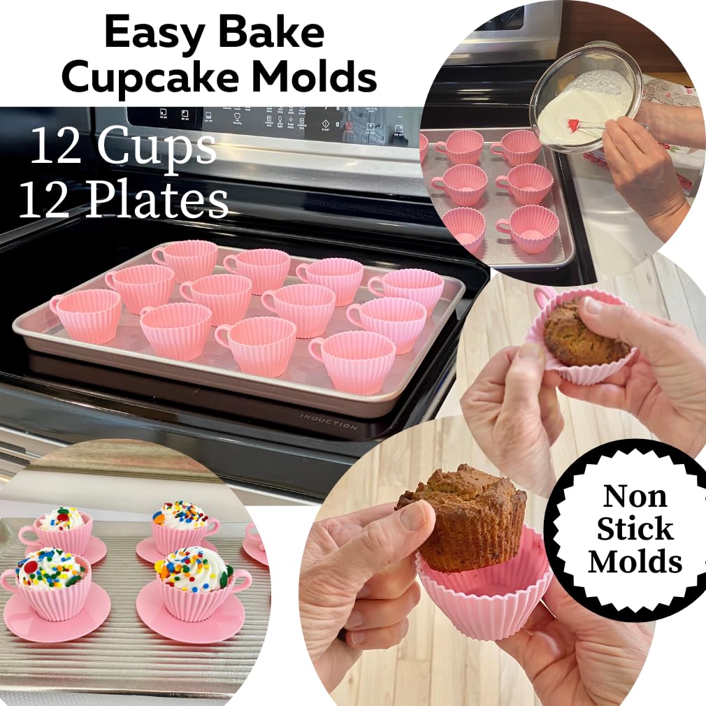 Evelots Baking Cupcake Molds - Silicone Teacup Set - 48 Pc Set - Oven-Safe - Nonstick - Muffin Cups for Bridal/Baby Shower, Birthday/Tea Party - 24 Cups & 24 Saucers - BPA Free