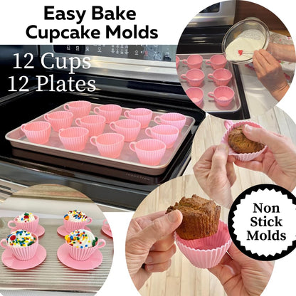 Evelots Baking Cupcake Molds - Silicone Teacup Set - 48 Pc Set - Oven-Safe - Nonstick - Muffin Cups for Bridal/Baby Shower, Birthday/Tea Party - 24 Cups & 24 Saucers - BPA Free