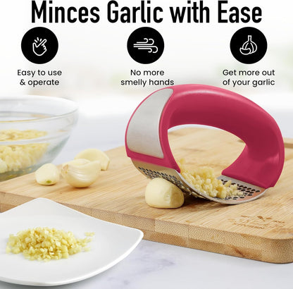 Angel's Peel Lounge Stainless Steel Garlic Press Rocker Set with Silicone Garlic Peeler & Cleaning Brush – Garlic Chopper, Mincer, Grater, Crusher – Easy for Crushed Cloves – Rust-Resistant, Red