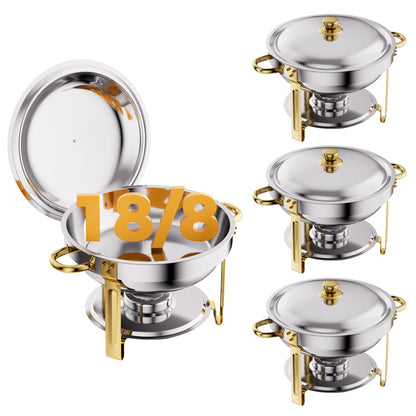 CAMMOO Gold 4 Pack Chafing Dishes for Buffet, 18/8 (304) Stainless Steel Food Pan with Lid, 6QT Round Chafing Dish Buffet Set Food Warmer, Food Warmers for Parties Buffet Catering Events Dinners