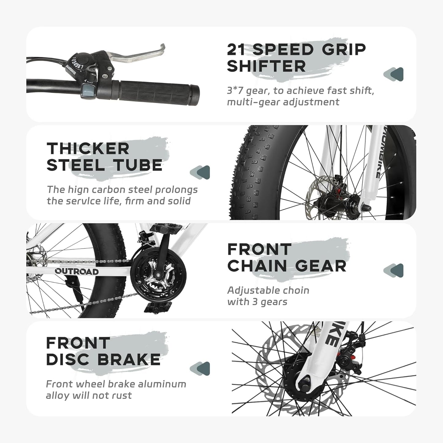 Outroad Mountain Bike Fat Tire with 4-Inch Tire 26 inch Wheels, 21 Speed with High Carbon Steel Frame, Double Disc Brake and Front Suspension Anti-Slip Bikes for Men and Women, White