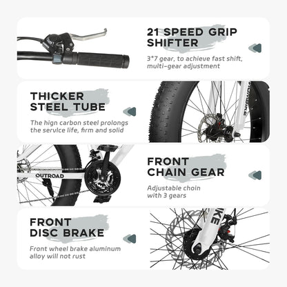Outroad Mountain Bike Fat Tire with 4-Inch Tire 26 inch Wheels, 21 Speed with High Carbon Steel Frame, Double Disc Brake and Front Suspension Anti-Slip Bikes for Men and Women, White