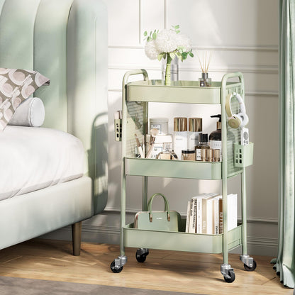 TOOLF 3 Tier Rolling Cart Storage Organizer, Metal Rolling Utility Cart with Wheels, Hooks & Bins Esthetician Craft Art Sturdy Storage with Pegboard for Bathroom, Kitchen, Office, Nursery Diaper