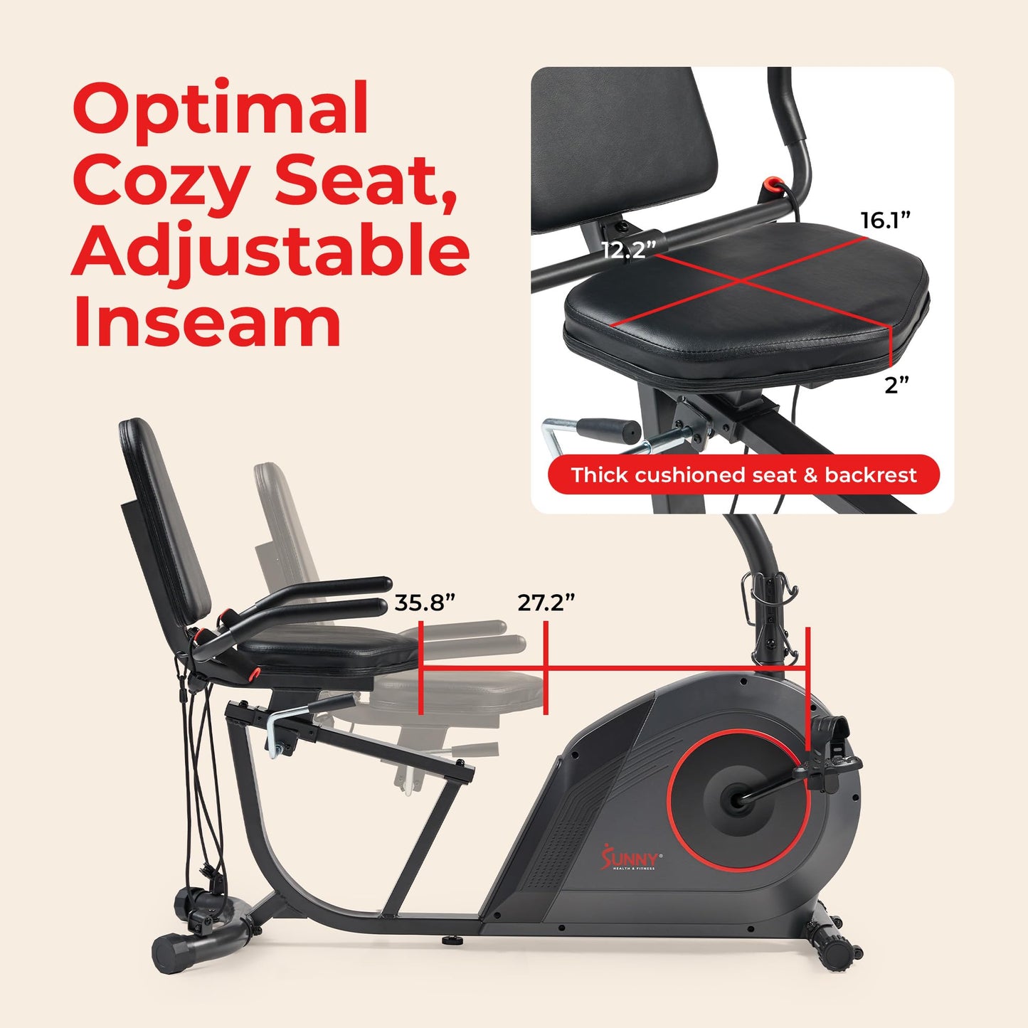 Sunny Health & Fitness Smart Recumbent Bike w/Workout Bands, 300LB Capacity Compact Equipment for Indoor Full-Body Exercise, Adjustable Cushion Seat for Seniors Home Cardio Training, Free SunnyFit App