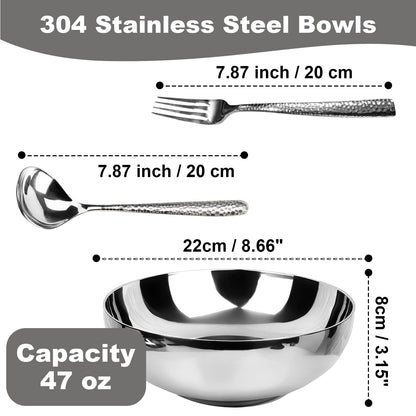 LANGMINGDE 6-Piece 304 Stainless Steel Pasta Bowl Set, 47 Fl Oz (8.7 Inches), Double-Layer Insulated And Heat-Resistant, Salad Bowl, Chilled Bowl, Ice Cream Bowl, Party Sauce Seasoning, Dining Bowl.