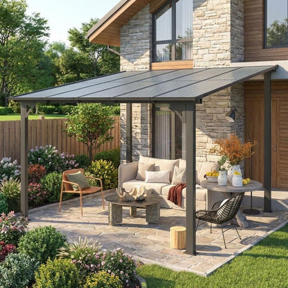 10'X20' Hardtop Wall Mounted Gazebo with Gutters & Galvanized Steel Roof, 60MPH Wind Resistance, Lean to Gazebo Pergola with Sloped Roof for Deck, Porch, Backyard and More, Black