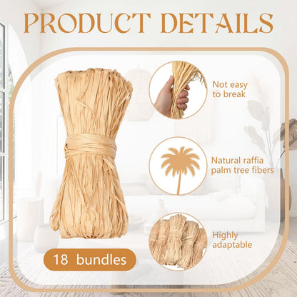 Woanger 18 Pcs Natural Raffia Ribbon Raffia Straw for Florist Bouquets Decoration for Wrapping Birthday 4th of July Wedding Halloween Easter Anniversary Florist Supplies