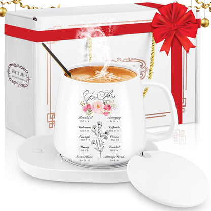 Suclain Christian Coffee Mug with Warmer Set for Women, 13.5 oz Inspirational Electric Cup Warmer for Home Office