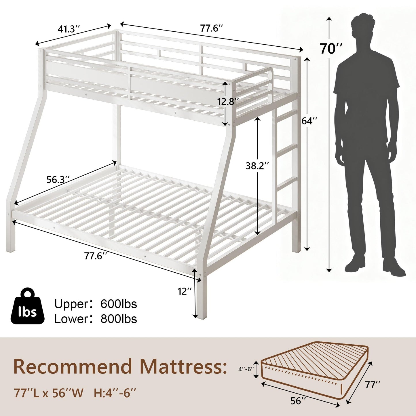 Feonase Bunk Beds Twin Over Full Size, Heavy Duty Metal Bunk Beds with Safety Guardrail & Ladders, Steel Loft Bed Frame for Teens and Adults, Apartment or Dorm, Noise Free & Easy Assembly, White