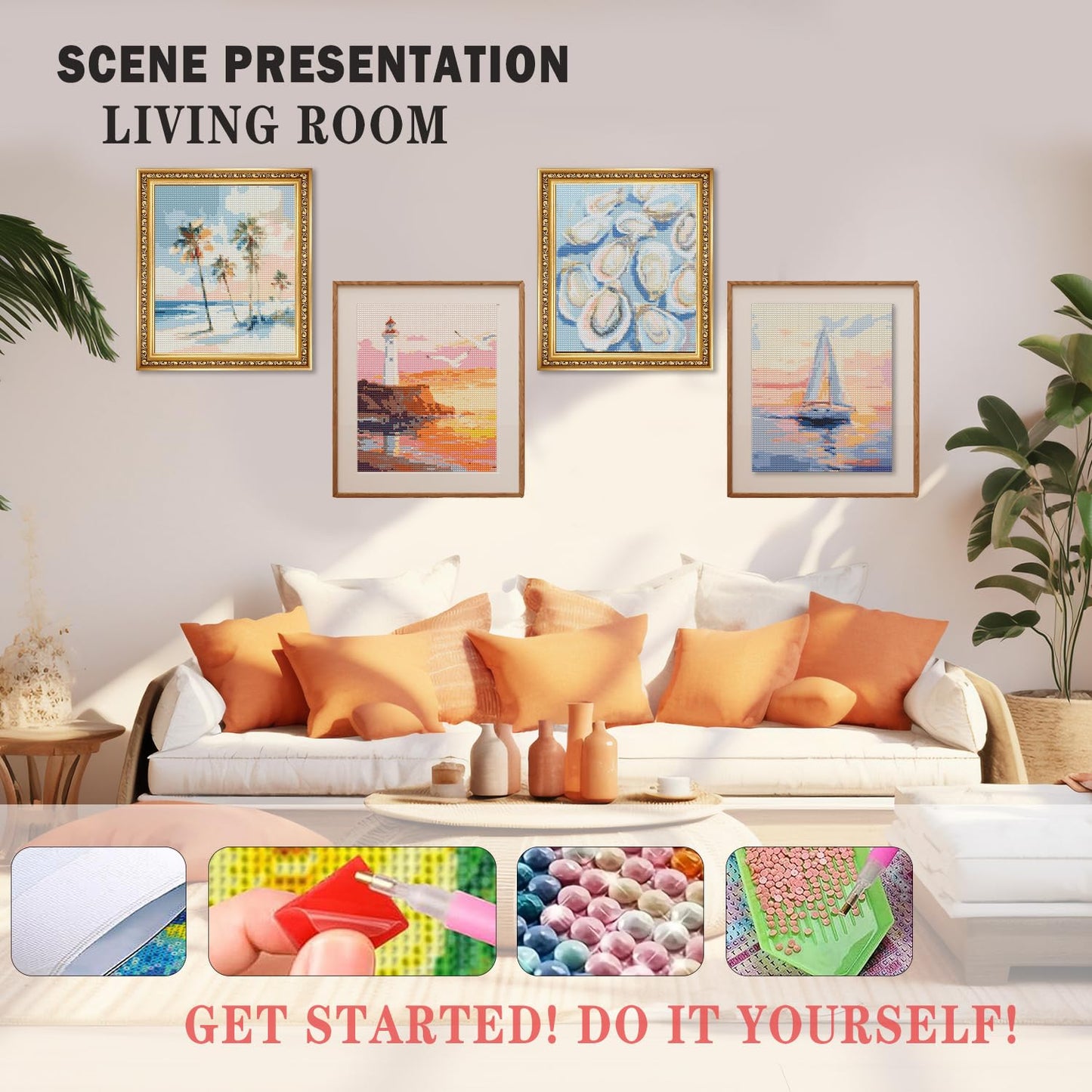 XUNLURY Ocean Beach Diamond Art Kits 4 Pack 10x11.8 Inch, Beach House Room Decor,Tropical Coastal Ocean Oyster Palm Tree Nautical Sailboat DIY Diamond Gem Painting Art Kits for Kids Adults Beginners