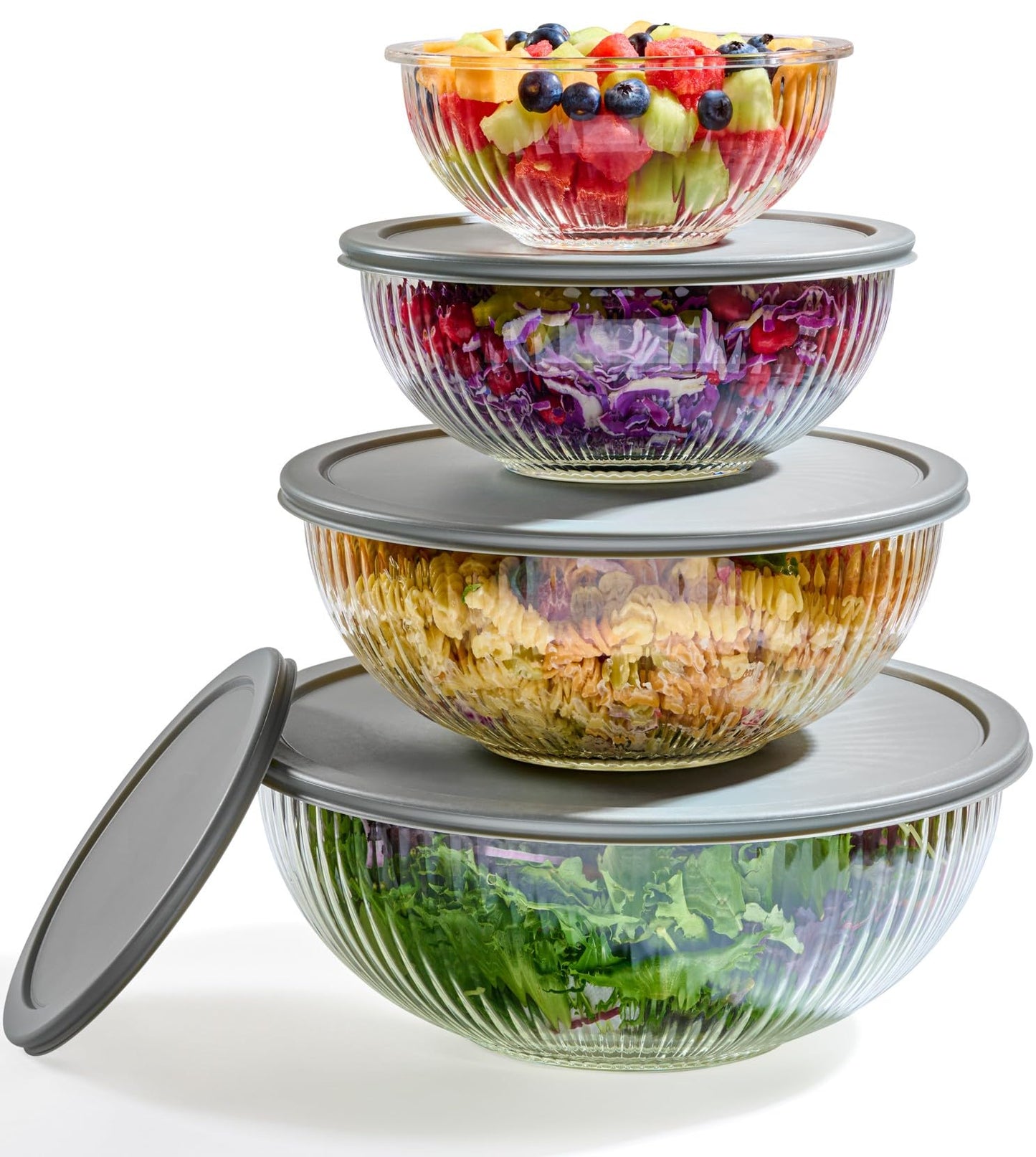 8pc Ribbed Glass Mixing Bowls with Leakproof Airtight Lids - BPA-Free Meal Prep Stackable Space Saving Nesting, Kitchen Baking Food Storage & Serving Containers - Microwave, Freezer, Dishwasher Safe.