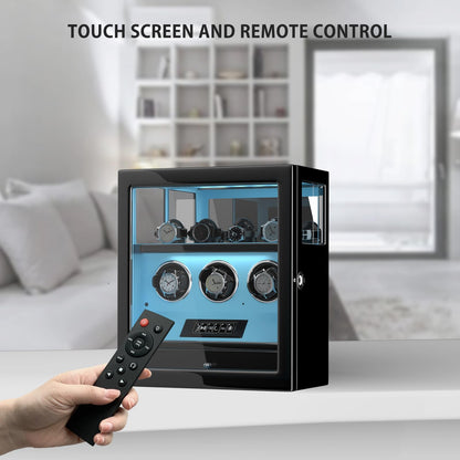 DUKWIN Watch Winder, Fingerprint Lock Automatic Watch Winder for 3 Watches with 4 Holders,300-2300 TPD,Digital Display, Remote Control,Jewelry Storage and Adjustable Watch Pillow and LED Light,Blue