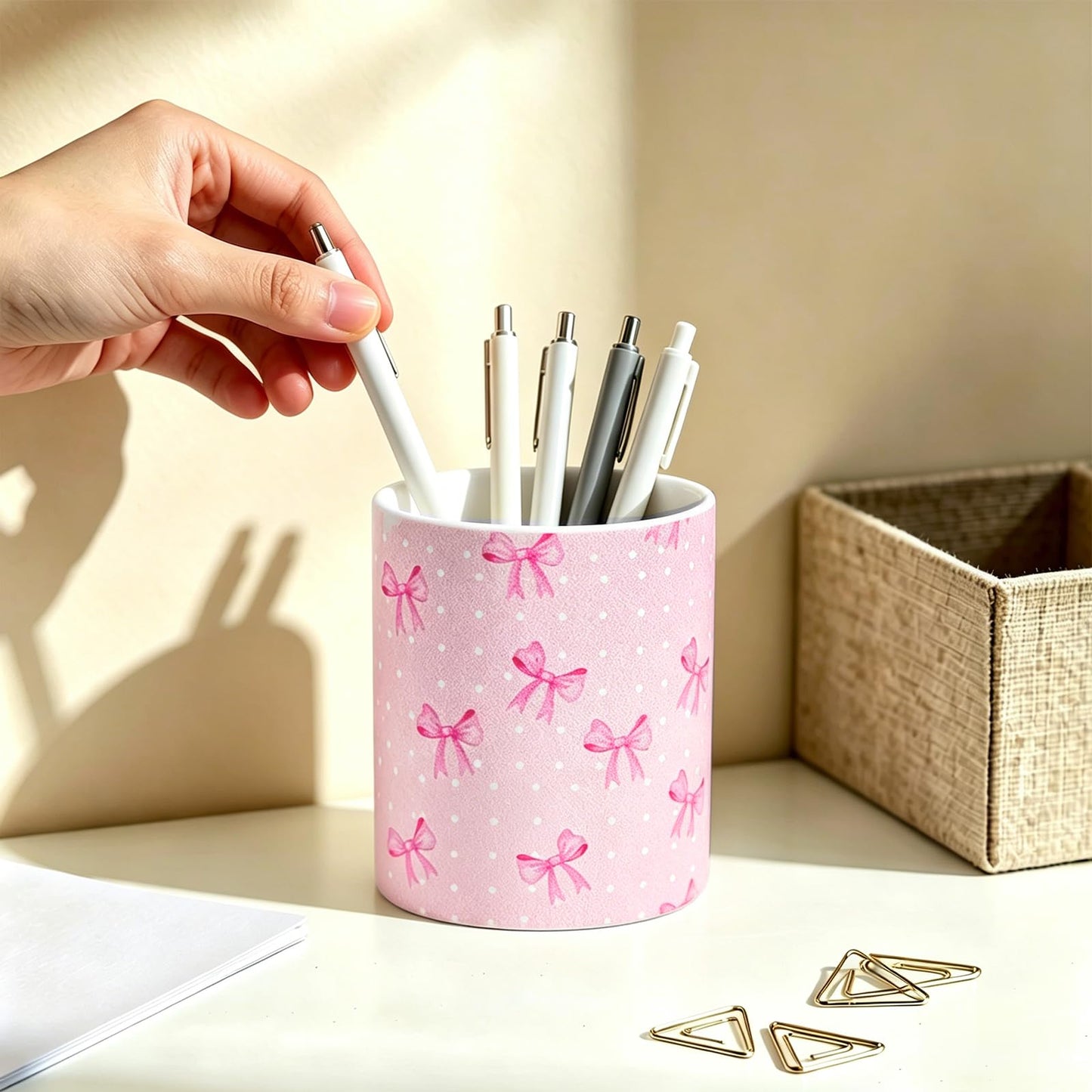 vnbsdwi Ceramic Pencil Holder for Desk Cute Pen Holder Pink Bow Pencil Cup Pot Desk Organizer Large Capacity Ceramic Makeup Brush Holders Multifunctional Office Supplies for Home School