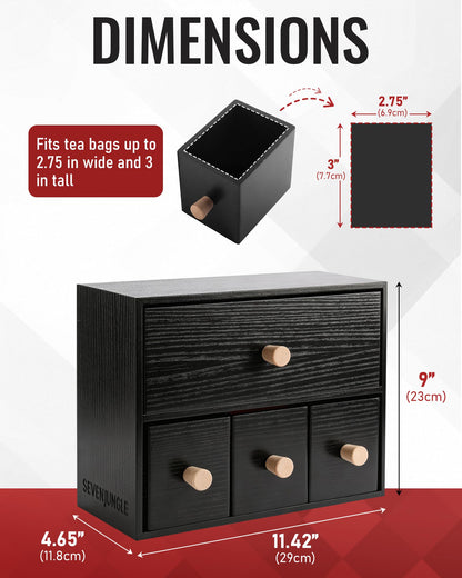 Tea Drawer Organizer for Tea Bags and Coffee Bar Supplies Black Wooden Tea Box with 4 Pull Out Drawers for Countertop Pantry Breakroom and Kitchen Tea Station