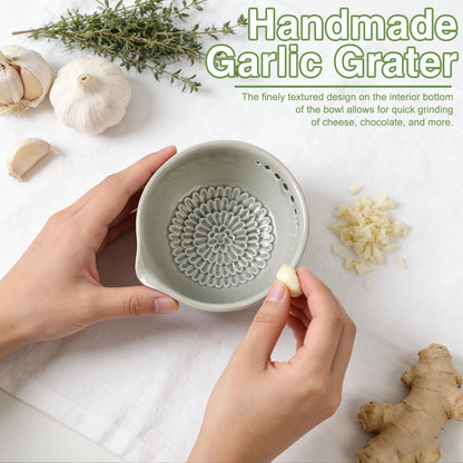 Ceramic Grater Bowl with Herb Stripper, 3 in 1 Handmade Ginger Grater Bowl, Garlic Grater Plate, Multi-Functional Kitchen Tools and Gadgets, for Garlic, Chocolate, Herbs, Etc
