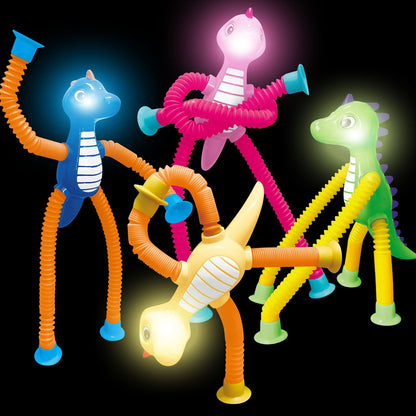 Dinosaur Travel Toys Gift LED Light Up for Toddlers Kids Boys Girls, Dino Pop Tubes Fidget Sensory Suction Cup Toys, Airplane Car Road Activities & Christmas Stocking Stuffers Party Favors Aged 3+