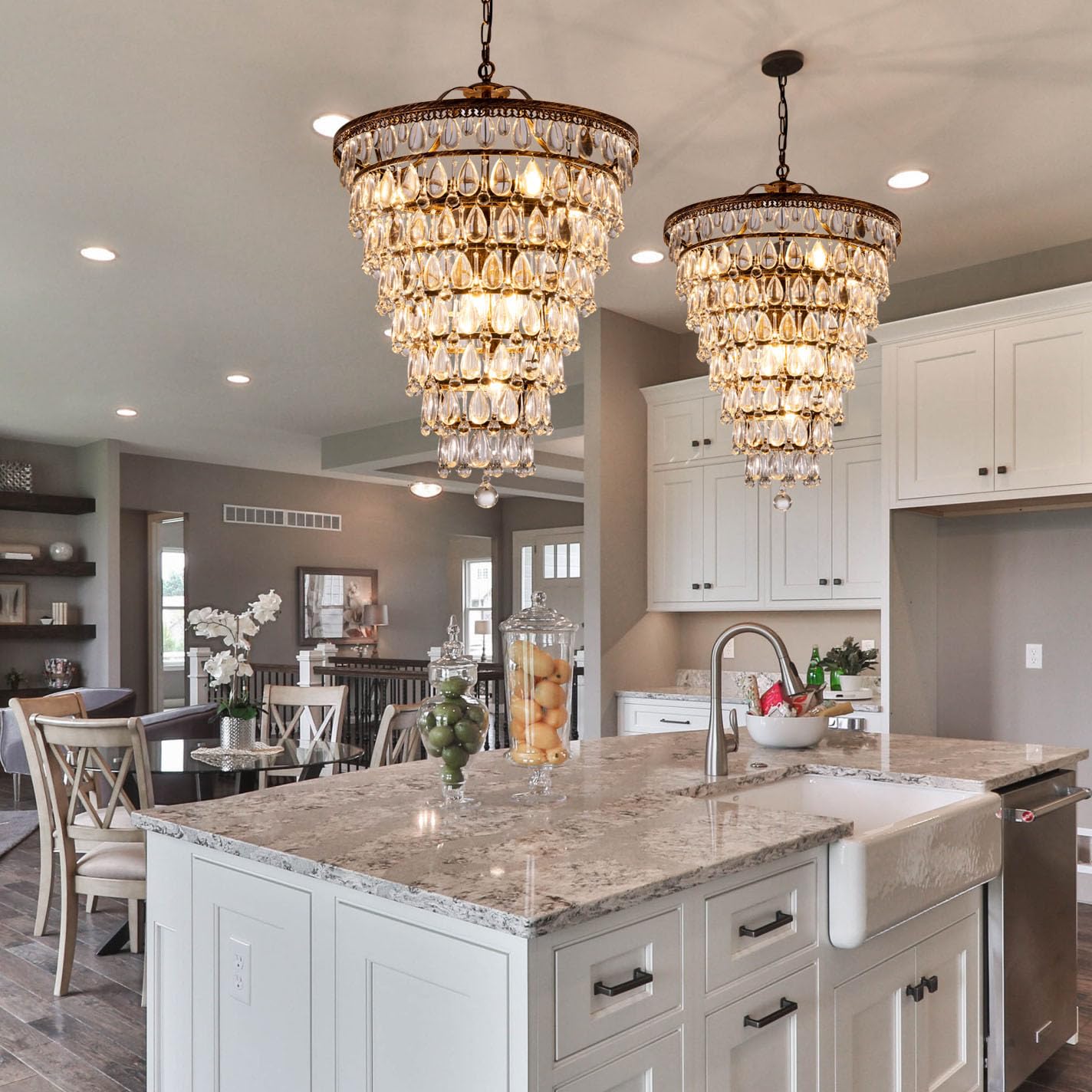 Wellmet 20 Inch Crystal Chandelier, Farmhouse Bronze Bathroom Chandeliers, 8-Lights Foyer Lighting Round Hanging Ceiling Light Fixture for Living Room, Bedroom, Entryway, Kitchen Island, Cone Shape