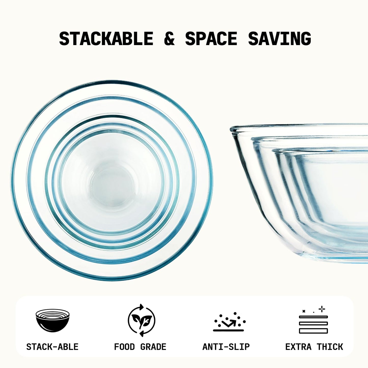 5pc Glass Mixing Bowls Sets (4.65QT, 2.80QT, 1.64QT, 1.16QT, 0.85QT), Glass Nesting Kitchen Thick Bowl for Baking, Cooking Prep, Storage, Large Salad Bowls Sets-Dishwasher Microwave Freezer Safe