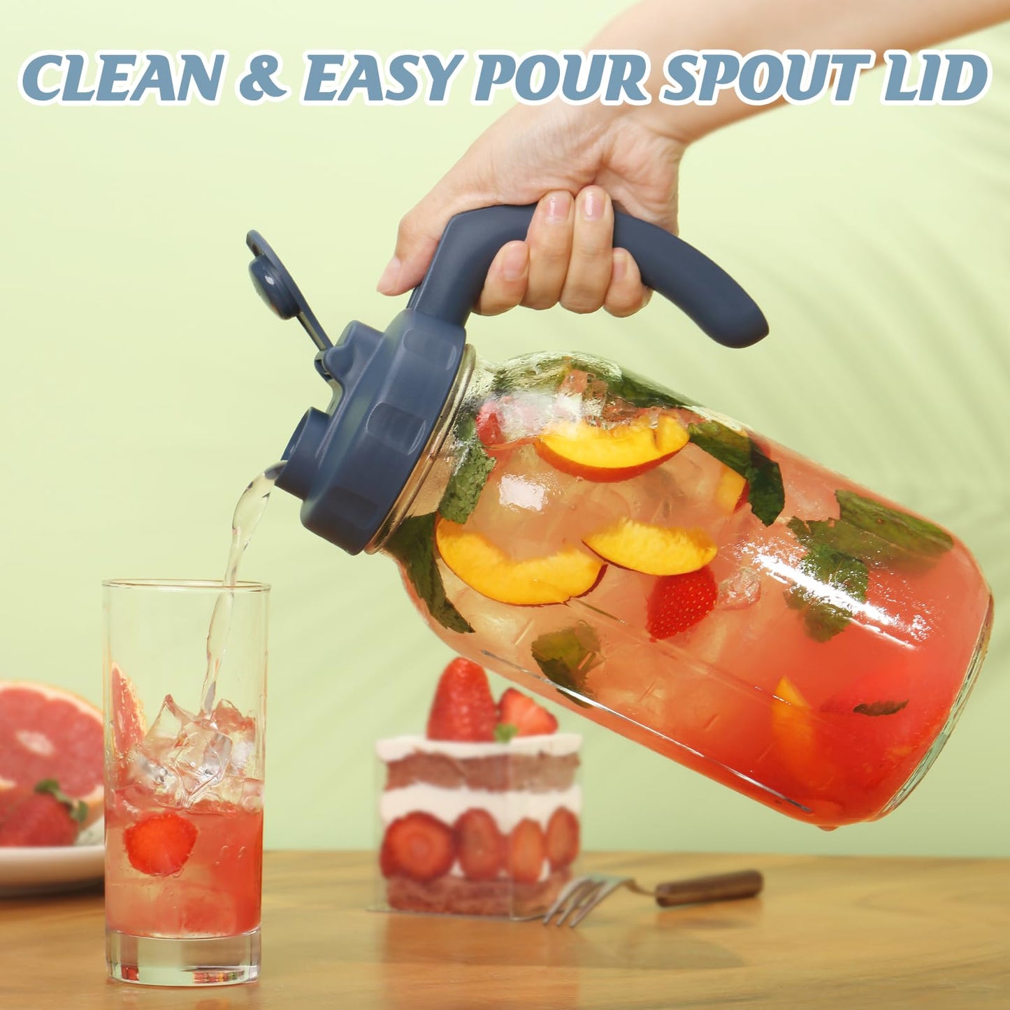 Soligt Glass Mason Jar Pitcher with Lid, Wide Mouth Flip Cap Pour Spout Leak-proof Lid with Handle, 64 oz (2 Quart / 1.9 Liter), Navy and Yellow, 2 Pack