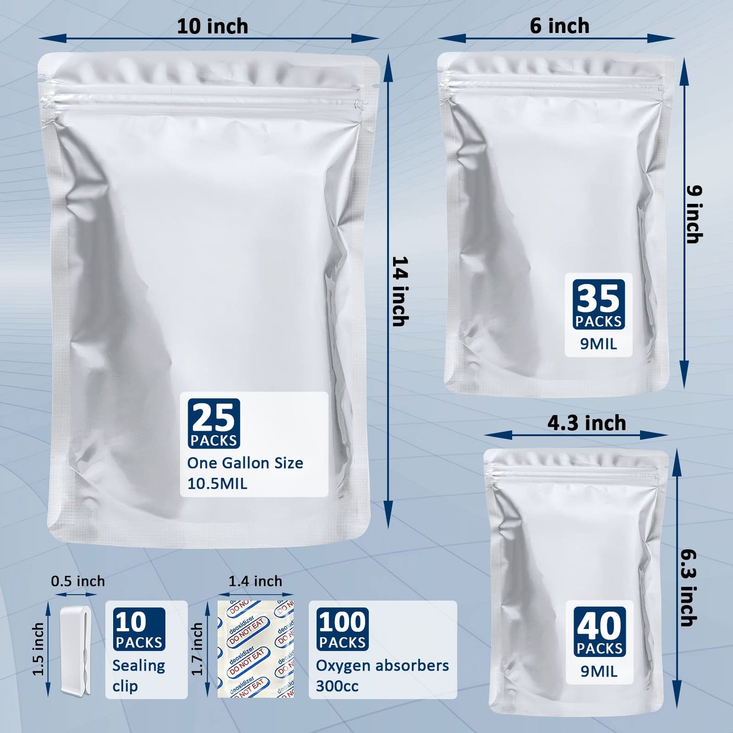 100 Pack Mylar Bags for Food Storage with 100x300cc Oxygen Absorbers - 9 Mil 10"x14", 9Mil 6"x9", 9Mil 4.3"x6.3" - Resealable Bags for Packaging Products & Ziplock Food Grade Bag for Storage
