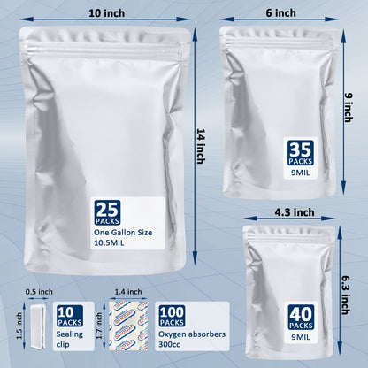 100 Pack Mylar Bags for Food Storage with 100x300cc Oxygen Absorbers - 9 Mil 10"x14", 9Mil 6"x9", 9Mil 4.3"x6.3" - Resealable Bags for Packaging Products & Ziplock Food Grade Bag for Storage