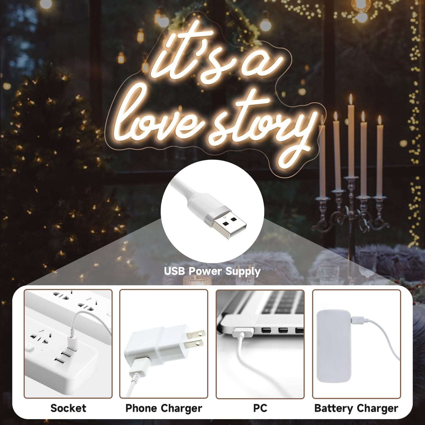 Its a Love Story Neon Sign, Warm White USB Led Light Up Signs for Bedroom Aesthetic Birthday Wedding Party Gift Boyfriend Girlfriend Lover Women Men Room Bathroom Decoration Gift, 15.7 x 11.8 Inch