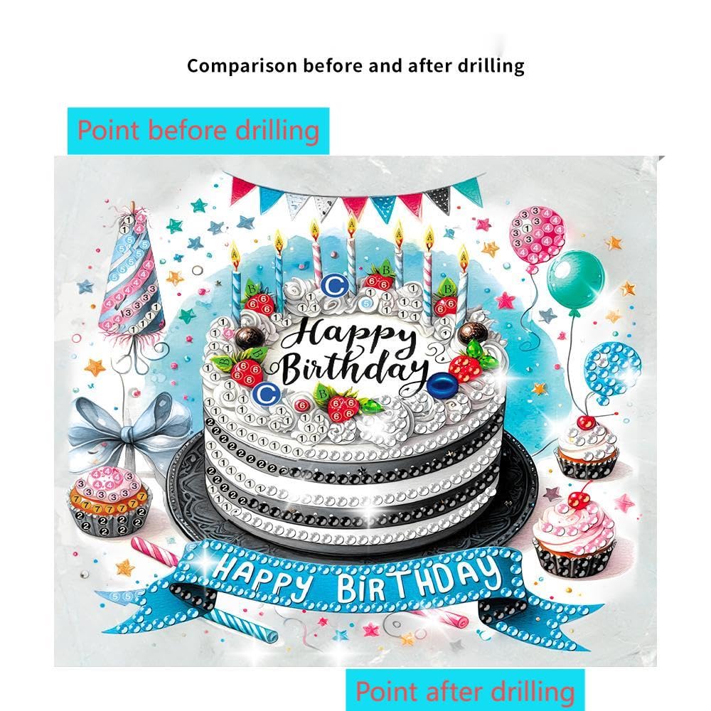 pigpigboss 6 Packs Happy Birthday Diamond Painting Greeting Cards, Birthday Cake Diamond Art Cards with Envelope, Special Shaped Birthday Cake Painting Crads for Adult Birthday Blessing