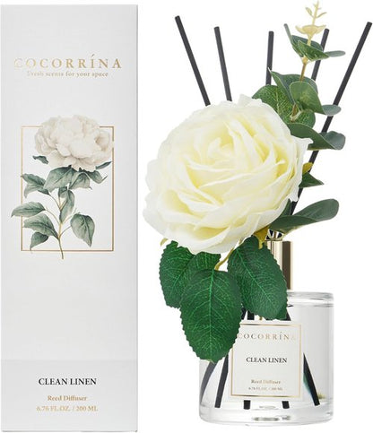 Cocorrína Flower Reed Diffuser - Clean Linen 6.7oz Scented Home Fragrance with Sticks | Elegant Bathroom Decor