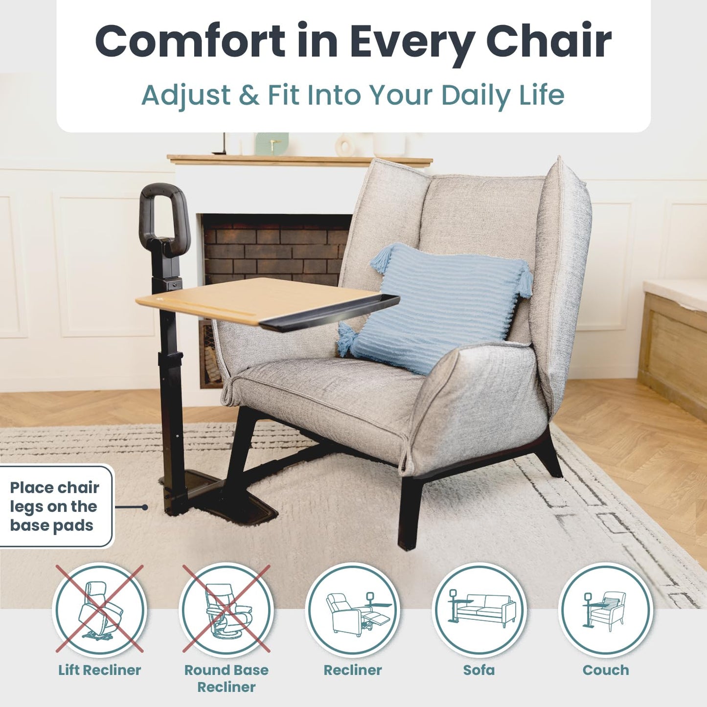 PELEGON Tray Table, 360° Swivel Table for Recliner, Adjustable Height with X-Large Table for Eating and Laptop, TV Trays for Couches & Chairs with Ergonomic Stand Assist Safety Handle for Elderly