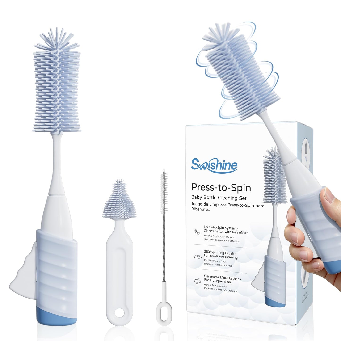 Swishine Baby Bottle Brush Set, Innovative Efficient Press-to-Spin Brush Cleaner - Includes Silicone Bottle Brush, Nipple Brush, Straw Cleaner - Spinning Generates Rich Foam for Deep Cleaning, Blue