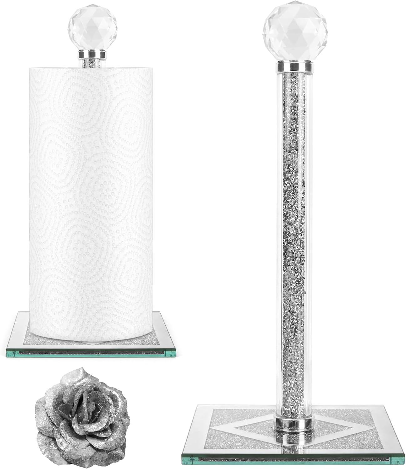 Ulable Counter Bling Silver Paper Towel Holder Stand with Square Base, Toilet Roll Filled with Crystal Paper Towel