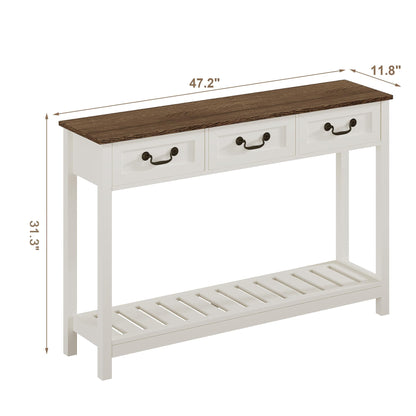 ChooChoo 47" Farmhouse Console Table with 3 Drawers, Rustic Entryway Table, Narrow Long Sofa Table for Living Room, Hallway, Behind Couch, Soft White and Brown