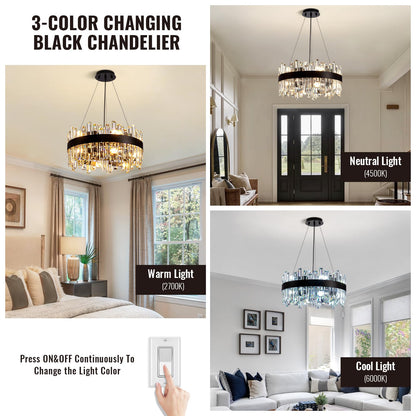 Siljoy Black Crystal Chandelier for Dining Room, Modern 2-Tiers K9 Crystal Raindrop Chandelier 12 Lights Farmhouse Pendant Ceiling Light for Living Room Kitchen Island Entry Foyer D19.7''