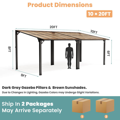 Pamapic 10x20FT Wall Mounted Gazebo, Hardtop Lean to Gazebo with Aluminum Frame & UV Resistant Polycarbonate Roof, Outdoor Patio Awning for Deck, Porch, Lawn & Backyard