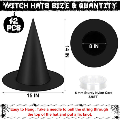 Helimoto 12 PCS Halloween Witch Hats, Black Hanging Witch Hats, Witch Costume Accessories Witches Hat with 328 FT Nylon Cord Wizard Hats Indoor Outdoor Halloween Decorations