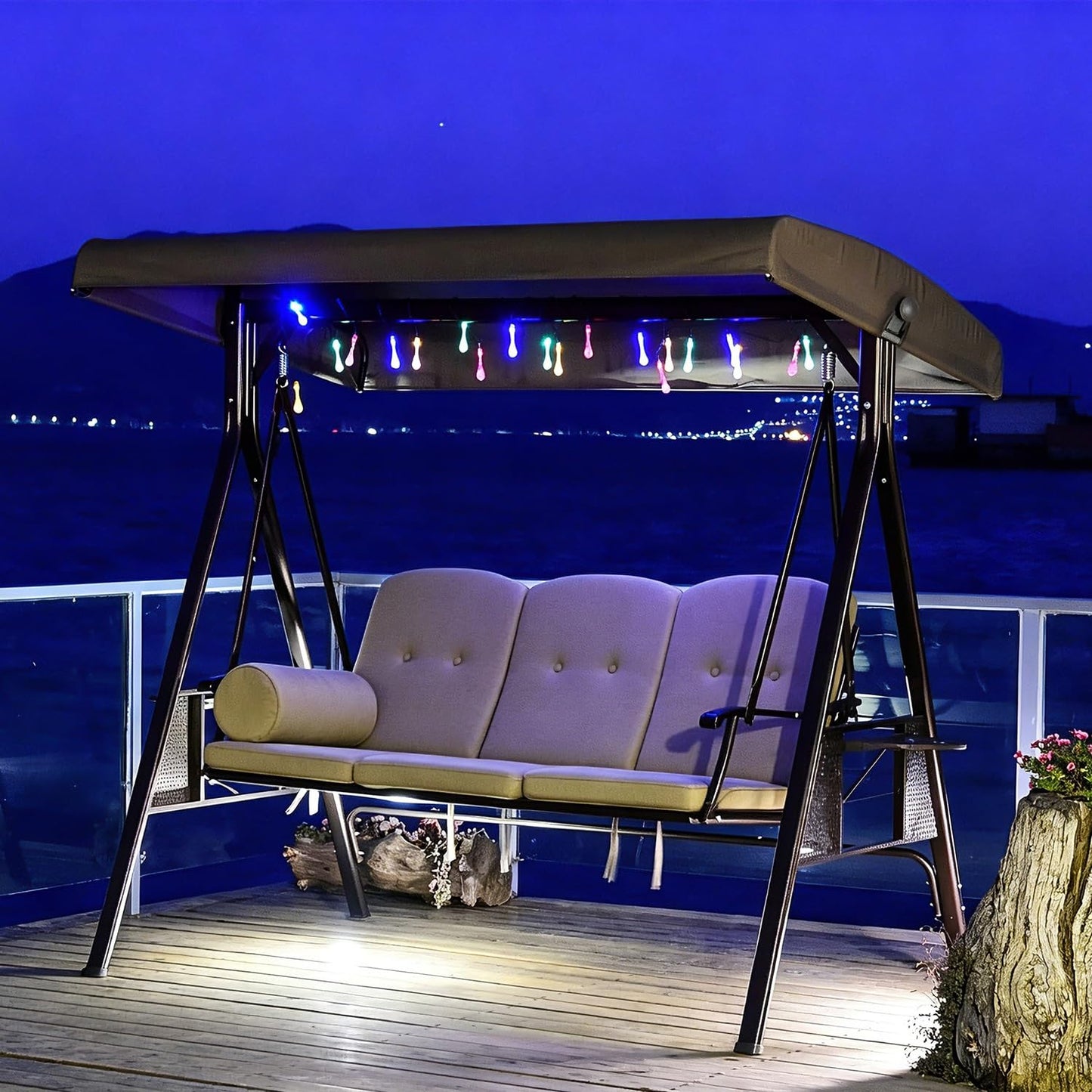 PURPLE LEAF 3-Seat Deluxe Outdoor Patio Porch Swing with Weather Resistant Steel Frame, Adjustable Tilt Canopy, Cushions and Pillow Included, Beige