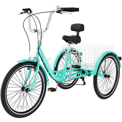 MOPHOTO Adult Tricycle 7 Speed, 20/24/26 Inch Low Step-Through Adult Trike with Large Rear Basket, 350 lbs Capacity 3 Wheel Bike for Seniors, Women and Men