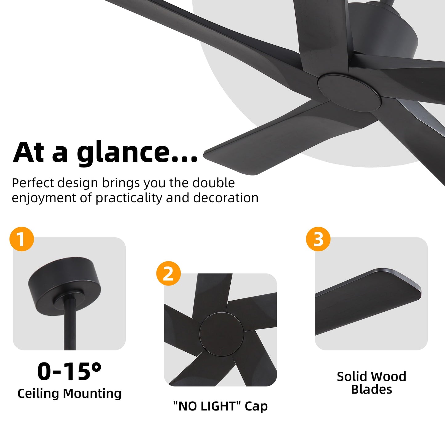 WINGBO 48" DC Ceiling Fan No Light - 5 Carved Solid Wood Blades, 6-Speed Reversible DC Motor, Ceiling Fan without Lights for Living Room Bedroom Kitchen Patio, Indoor and Outdoor, Matte Black