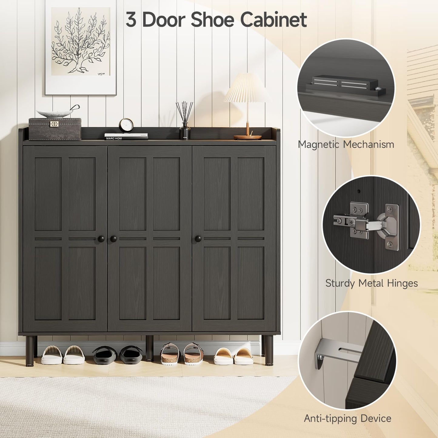 ONBRILL Shoe Cabinet with 3 Doors and Adjustable Shelves, 30 Pairs Shoe Storage Cabinet, 40 Inch Tall Farmhouse Shoe Rack Shoe Organizer Cabinet for Entryway Living Room Closet, Black