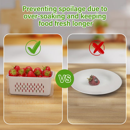 4 PCS Fruit Storage Containers for Fridge, Produce Containers for Fridge with Removable Colander, All-In-One Fruit Washing Bowl with Strainer Microwave/Dishwasher Safe for Salad Berry Lettuce Keeper
