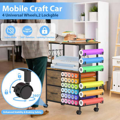 KANEODOT Storage Cart Compatible with Cricut, Roll Holders with 2 Drawers, Rolling Craft Cabinet Table for Accessories Holder,Tool Hook for Craft Room Home