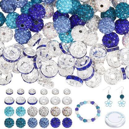PONABEADIY 150PCS Blue Rhinstone Sparkly Beads Kit with Elastic Crystal Thread Round Spacer Polymer Clay Iron Brass Charms Loose Spacer Bead Bulk for Jewelry Making Bracelets Necklace DIY Craft Supply