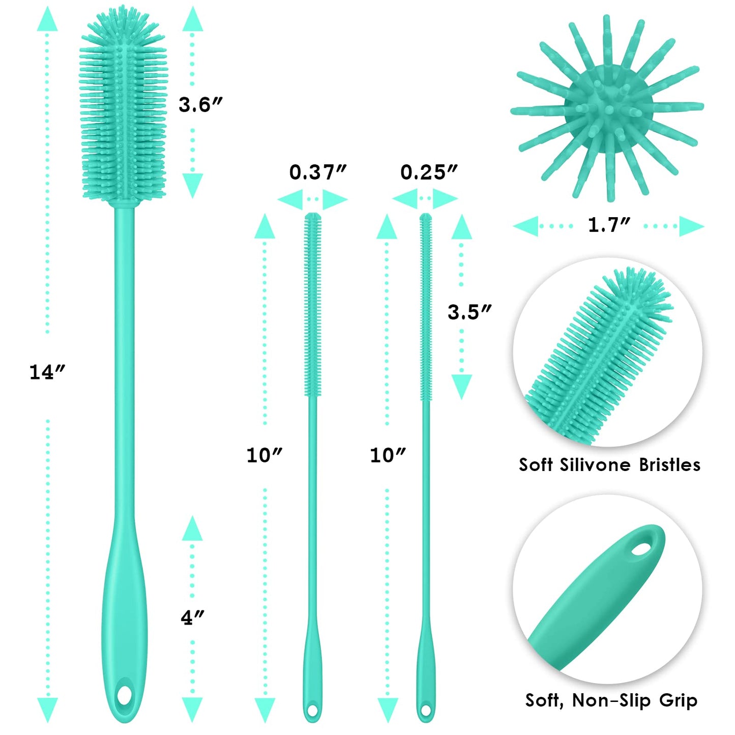Purtribe 3-in-1 Silicone Bottle Brush and Straw Cleaning Brush Set, Water Bottle Cleaner for Narrow Neck Containers, Tumblers, Flask, Vase and Glassware (Teal)