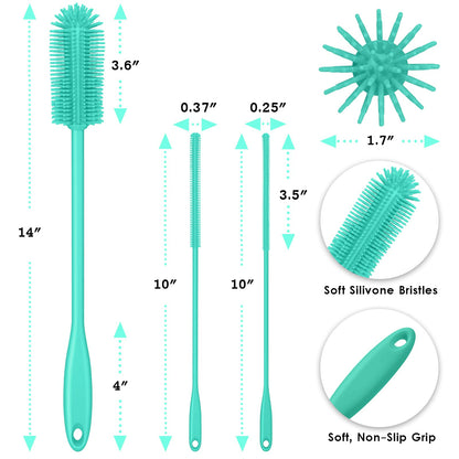 Purtribe 3-in-1 Silicone Bottle Brush and Straw Cleaning Brush Set, Water Bottle Cleaner for Narrow Neck Containers, Tumblers, Flask, Vase and Glassware (Teal)