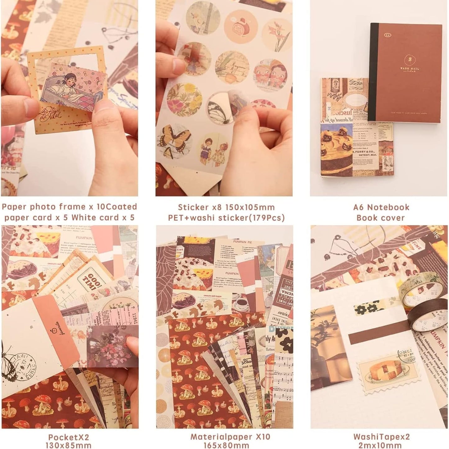 VIBE VISTA Vintage Aesthetic Scrapbook Kit, 346 Pcs, A6 Grid Notebook, Washi, Envelopes, Scrapbook Papers, Folding Labels, Background Papers, Photo Frames, Calendar Stickers, Stickers (Vintage)