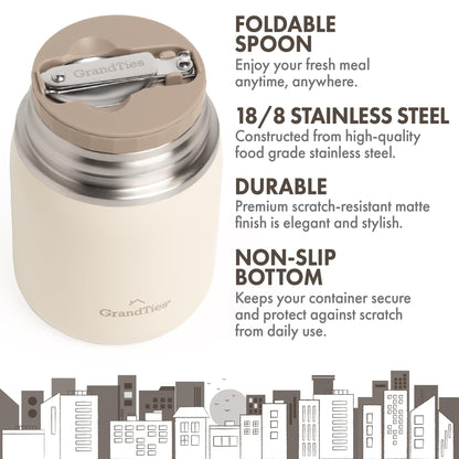 GRANDTIES Insulated Food Jar, 20 oz Wide Mouth Thermo BPA Free Stainless Steel Container for Hot Food with Carry Handle Bowl Cap & Foldable Spoon, Leakproof for Lunch To Go Meals (Ivory White)