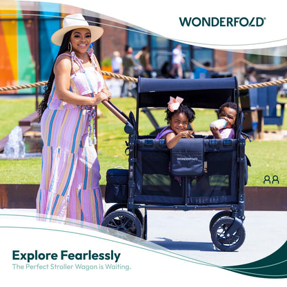 WonderFold W2 Luxe Stroller Wagon - Collapsible Stroller Wagon with Steel Frame - Adjustable Canopy & Push Handle - XL All-Terrain Wheels - for Babies, Toddlers & Kids - 2 Seater - Black