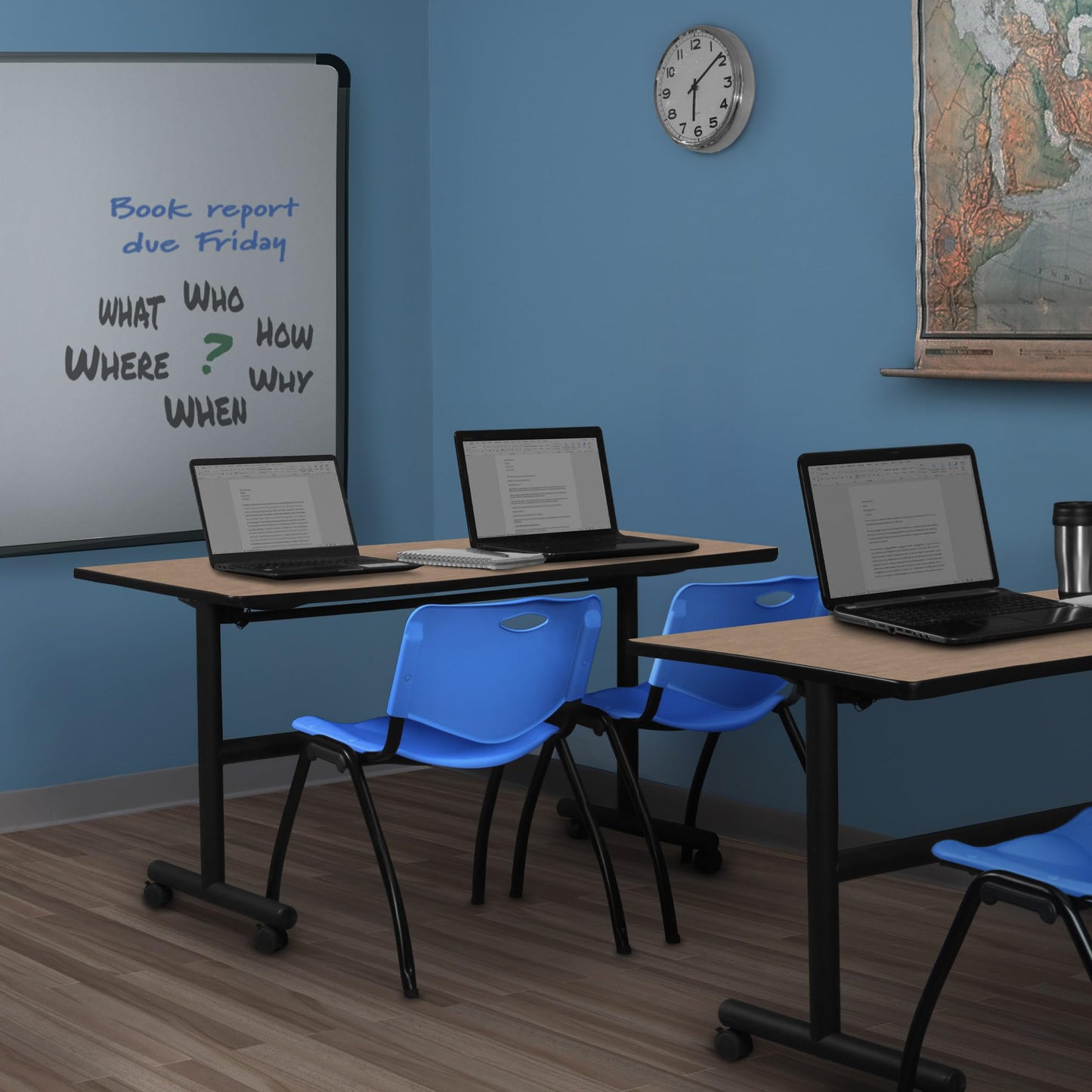 Regency Kobe 72 x 30 in. Flip-Top Training Nesting Table- Noble Oak, 2 M Stack Chairs- Blue