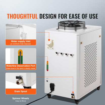 VEVOR Industrial Water Chiller, CW6000, Industrial Water Cooler Cooling System with Compressor 15L Water Tank Capacity 65 L/min Max Flow Rate, for 2 Sets of 300W CO2 Laser Engraving & Cutting Machine