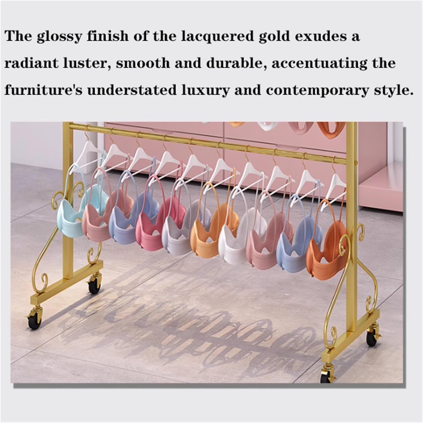 Lingerie Bra Rack with Wheels, Metal, 3 Tier Underwear Display Stand, Anti-Slip, Retail Showshelves, Commercial Clothing Store Shelf, for Shorts, Hats, Sock(Gold,80 * 40 * 130cm)